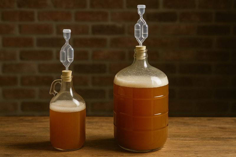 Side-by-side comparison of a glass demijohn and a plastic PET carboy filled with fermenting liquid, both fitted with airlocks on a wooden table against a brick wall background