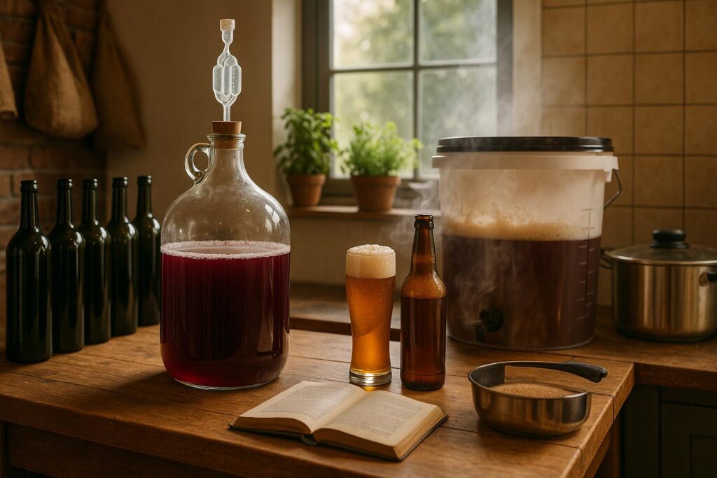 Home brewing and winemaking setup in a rustic kitchen with fermenting beer, wine bottles, and a glass demijohn on a wooden workbench