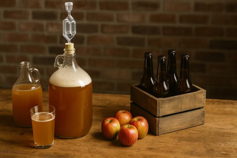 A home brew cider kit with apples, a carboy, and other brewing equipment on a wooden table.