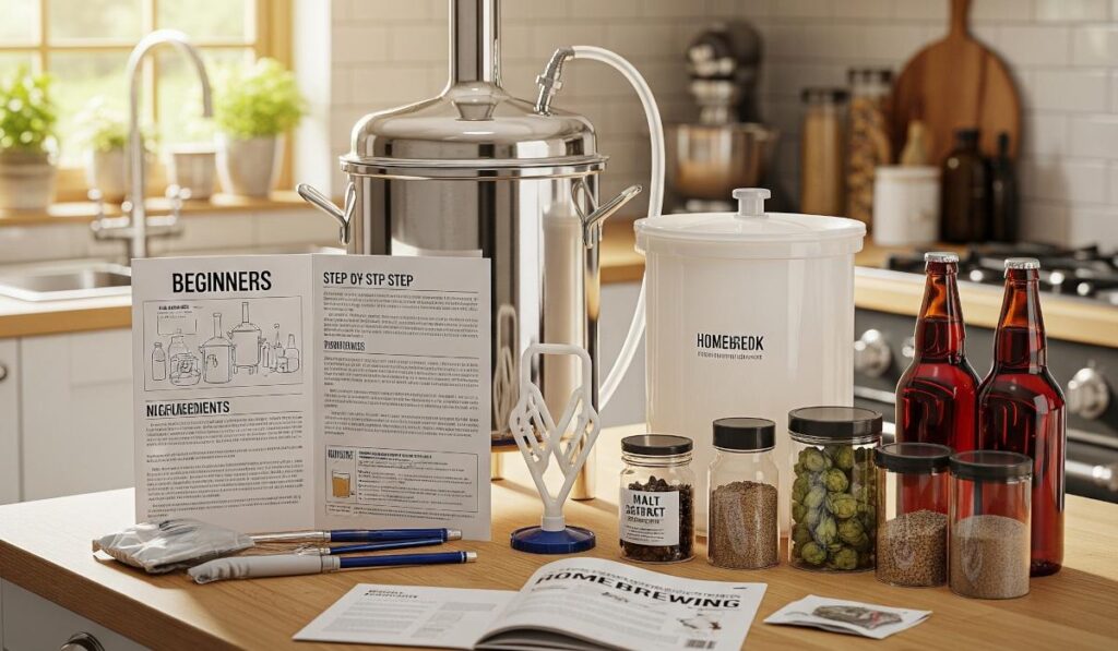 A beginner's homebrew kit laid out on a kitchen counter, featuring a stainless steel fermenter, bottles, ingredients, and step-by-step instructions